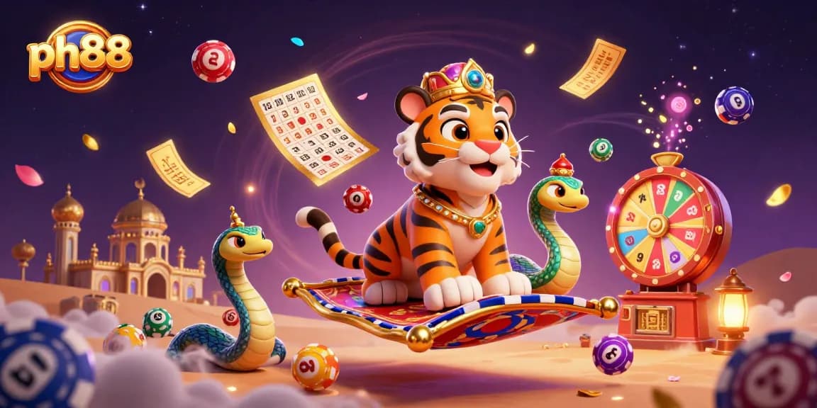 Experience ph88's vibrant gaming scene with a tiger sultan on a jackpot-decorated carpet.