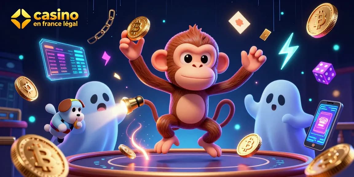 Illustration dynamique de poltergeist et de chiot explorant un casino en ligne France légal.