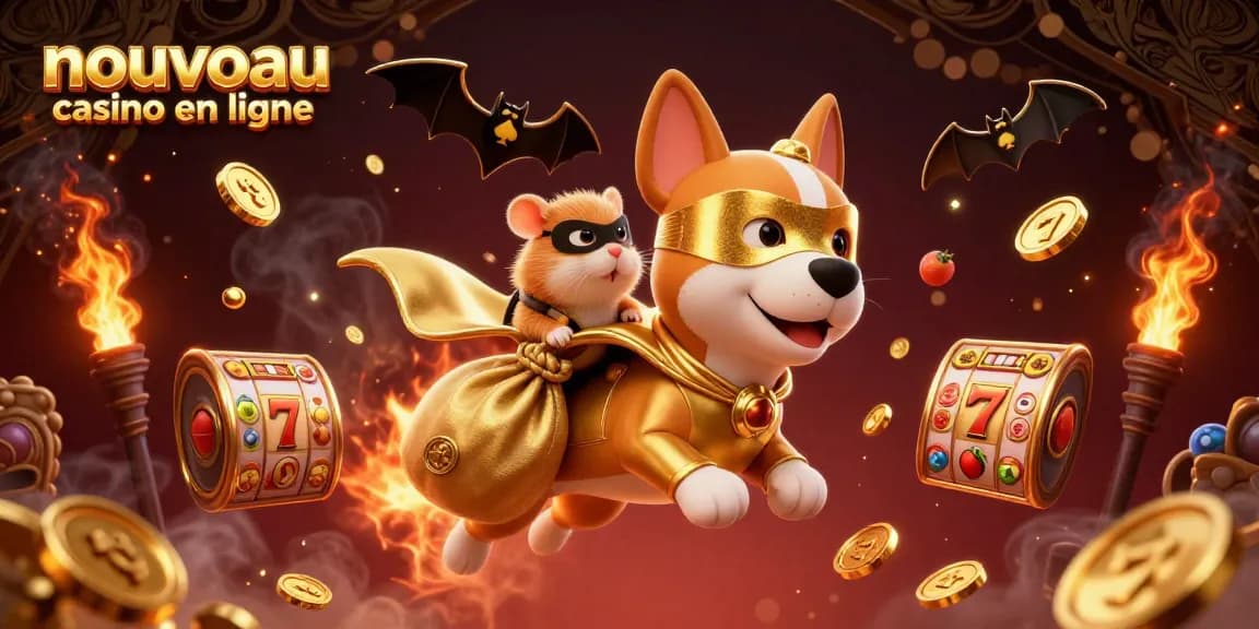 Jouez au nouveau casino en ligne avec notre illustration captivante d'un chien super-héros et un hamster!