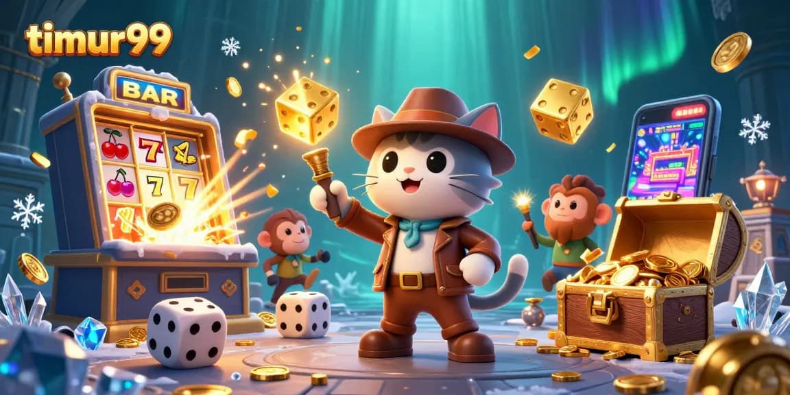 Experience timur99's thrilling games with a cartoon explorer amidst a vibrant casino scene!