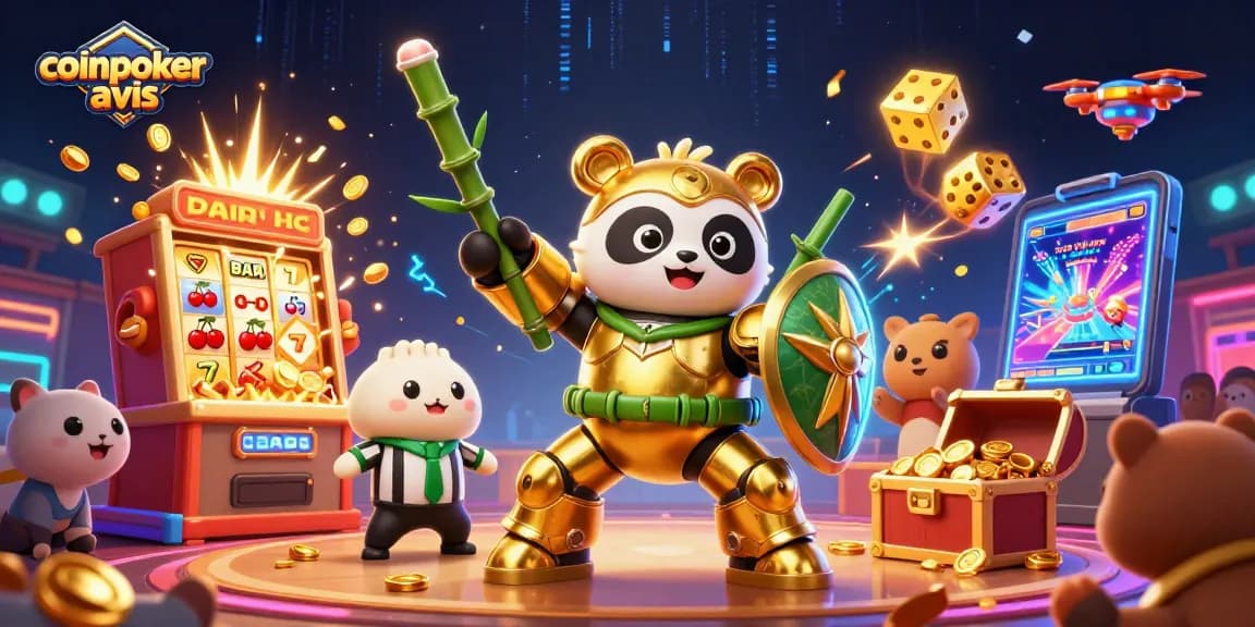 coinpoker avis : découvrez une illustration dynamique d'un panda pilote dans un casino 3D animé.