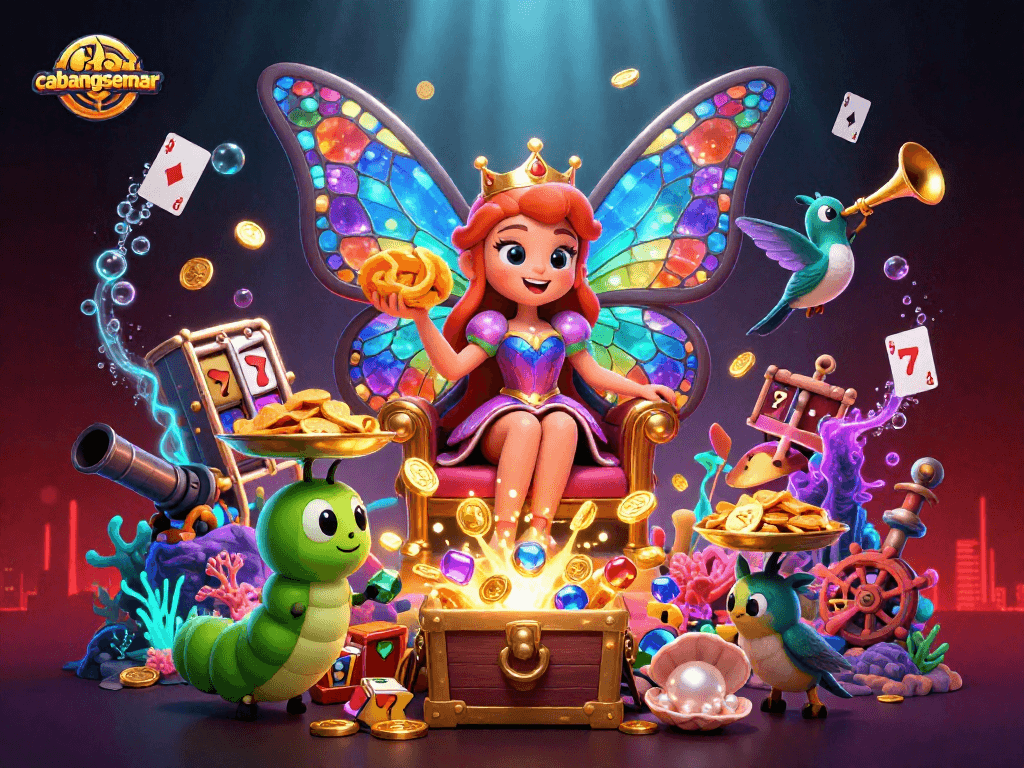 Menggoda pemain di cabangsemar dengan ilustrasi 3D ratu kupu-kupu dan elemen slot.