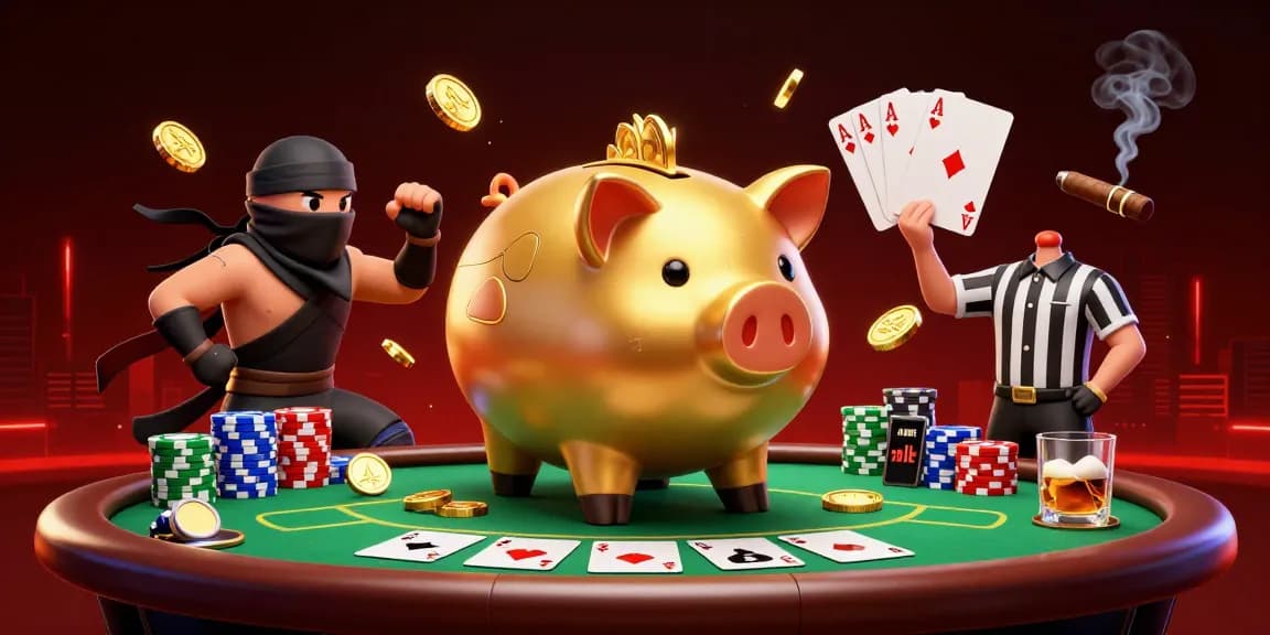 Play thrilling games at IDC88JOKER with a cartoon golden piggy bank sumo wrestler surrounded by casino elements.