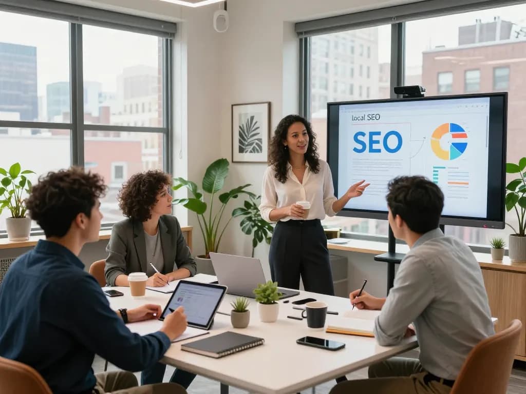 Team collaborating on Local SEO NYC strategies in a vibrant NYC office environment.