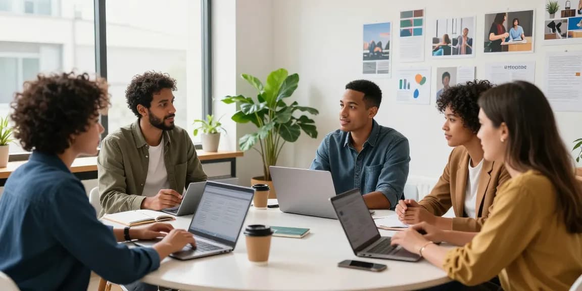 Promote your servises startups with professionals collaborating in a modern workspace.