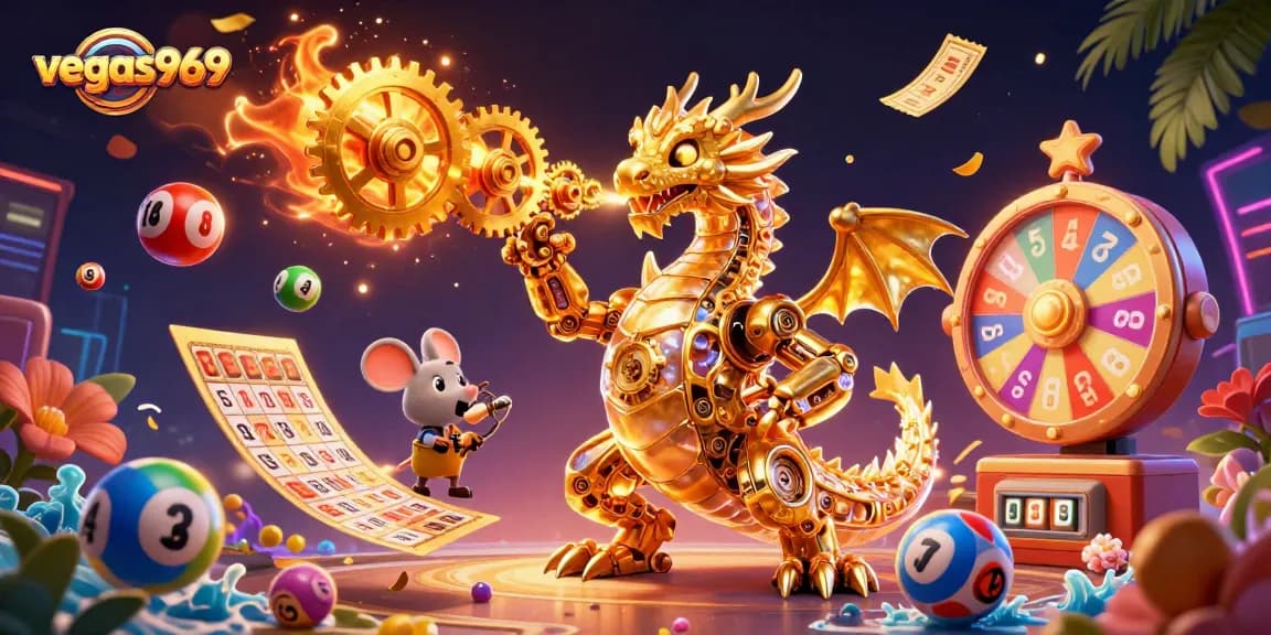Experience thrilling gaming at vegas969 with a golden dragon and vibrant lottery elements.