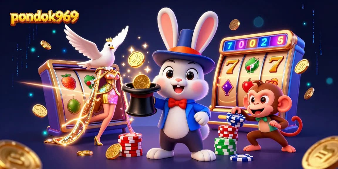 Pondok969 magic where a rabbit conjures coins amidst spinning fruit slot reels and dynamic casino elements.