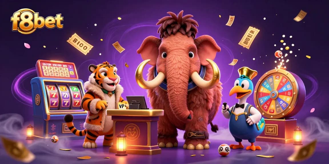Experience exciting gaming at f8bet with a whimsical casino scene featuring unique characters and dynamic elements.