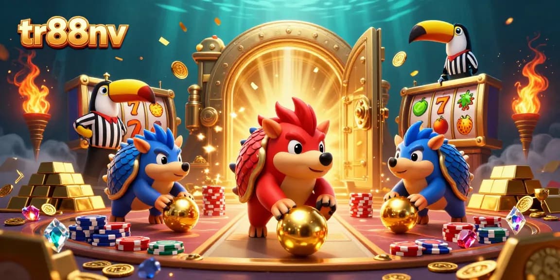 Experience the excitement of tr88nv as pangolins bowl through poker chips in a vibrant casino scene.