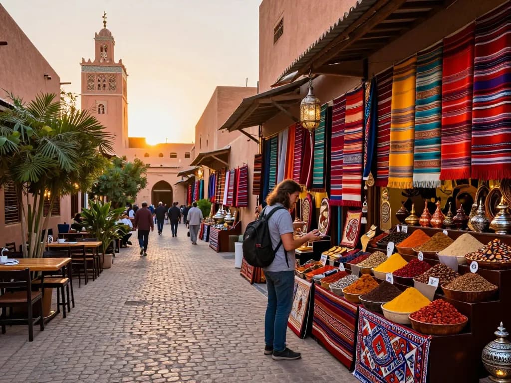 Vibrant Marrakech scene showcasing a traveler interacting in local souks, epitomizing the essence of a Morocco tour company experience.