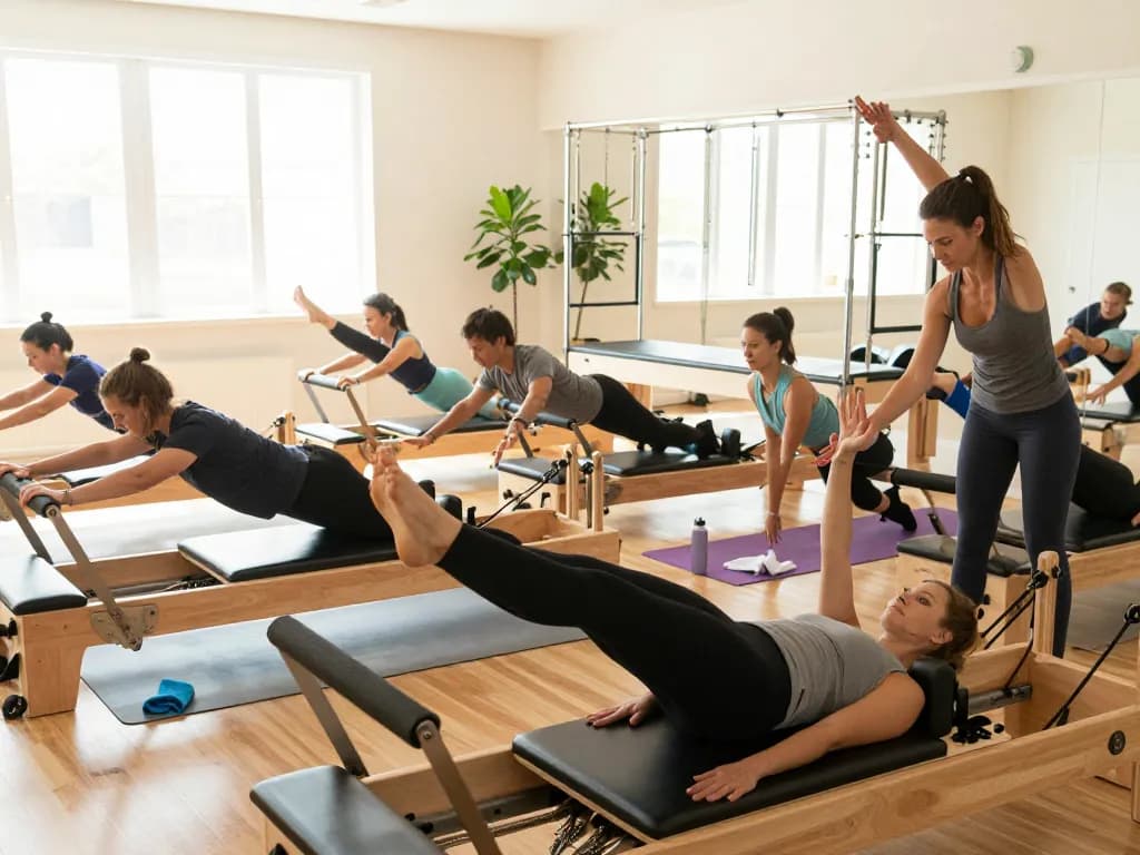 明るく活気のあるスタジオで、インストラクター主導のリフォーマーエクササイズを紹介するZen Place Pilatesのグループクラス。