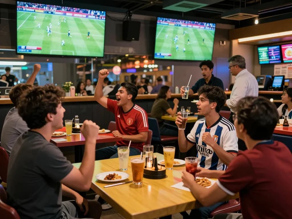 Fans cheering for their team on Luongsontv at a lively sports bar, combining exciting viewing and social atmosphere.