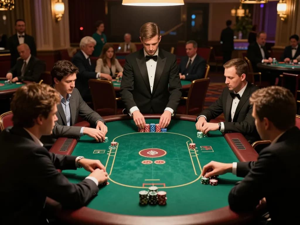 Vivu88 poker players strategizing during high-stakes tournament in luxurious casino.