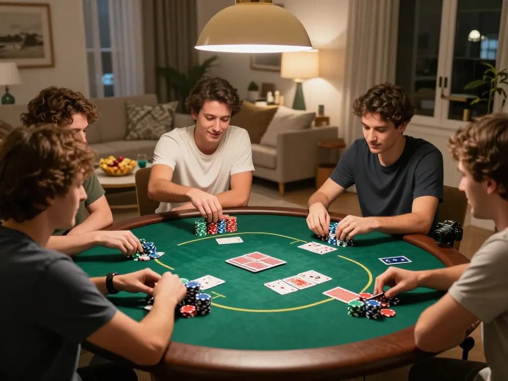 Boca Raton Construction Litigation Lawyer overseeing intense poker game strategy with friends in cozy living room.