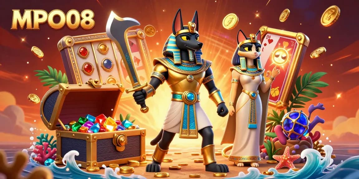 MPO08 brings exciting 3D casino adventures featuring Anubis and Bastet amidst vibrant gaming elements.