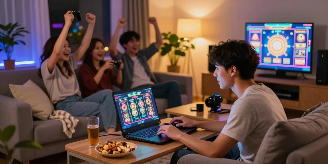 Exciting slot dana gaming scene with friends in cozy living room, vibrant atmosphere, and joyful engagement.