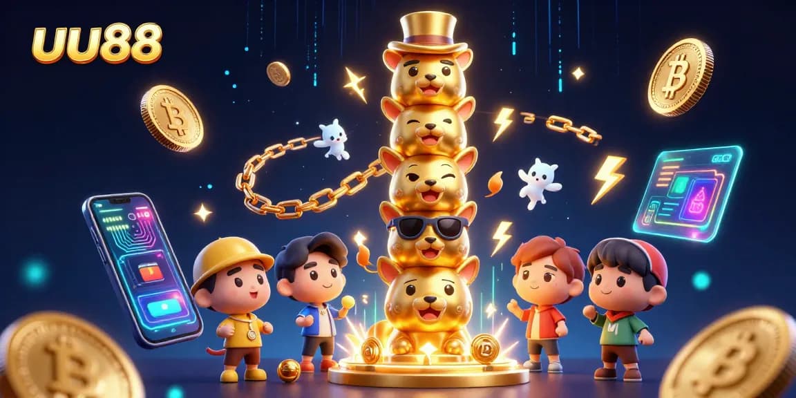 Engage with the uu88 3D casino illustration featuring a vibrant golden totem pole and crypto elements