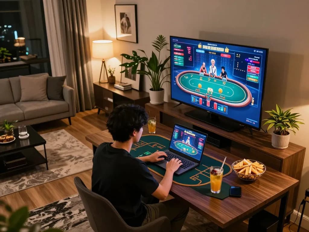 Engaged player exploring the best widget store for online poker strategies in a stylish home setup.