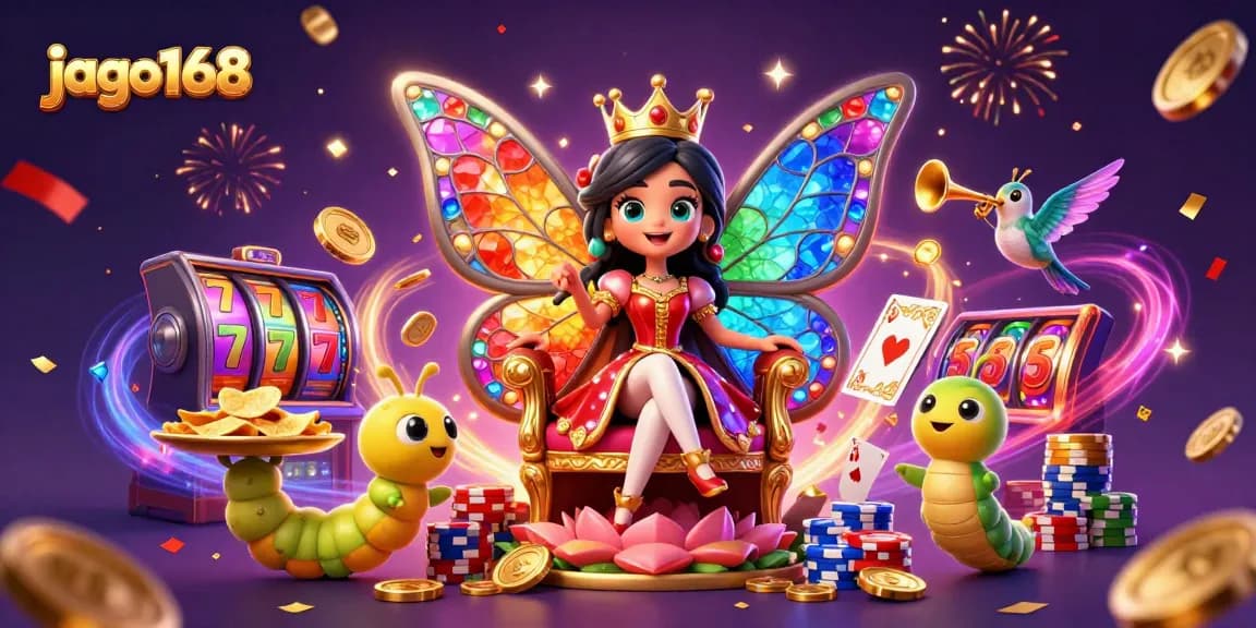 Experience the vibrant jago168 gaming world with a 3D butterfly queen amid a dazzling casino scene.