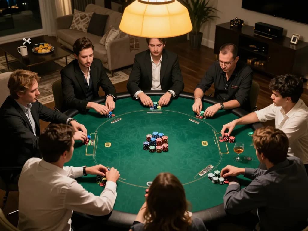 Engaged players enjoy 789win vip poker night at a luxurious home, showcasing high-stakes gameplay and social interaction.