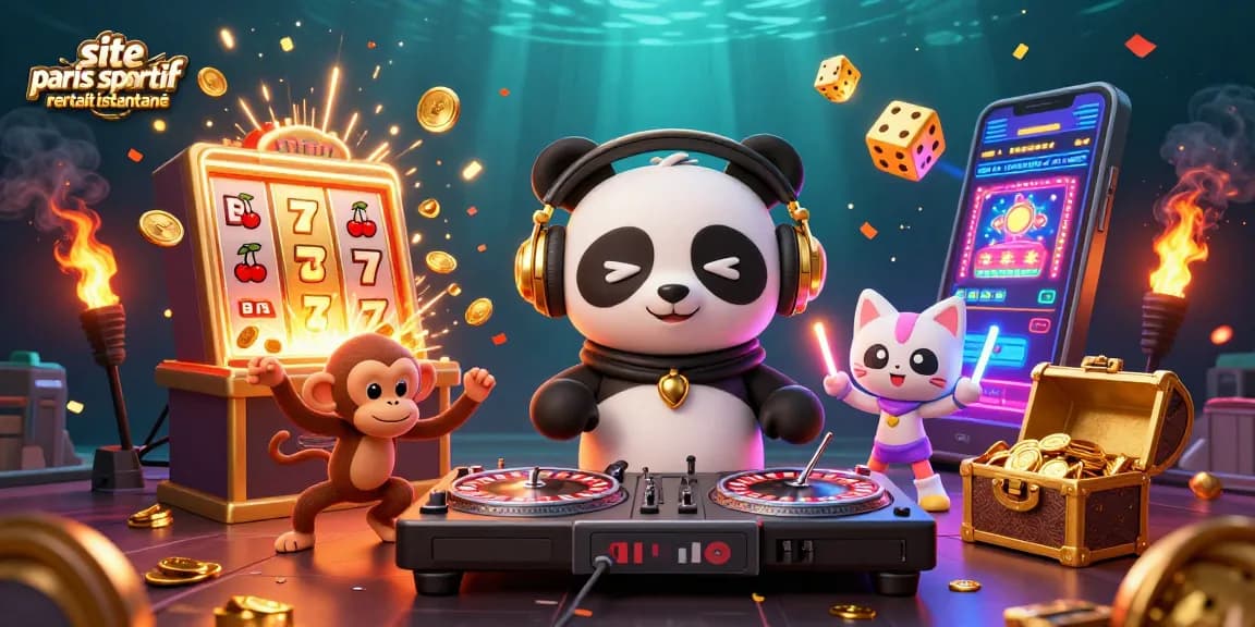 Retrait instantané sur un site paris sportif, avec un panda DJ et des effets colorés de casino.