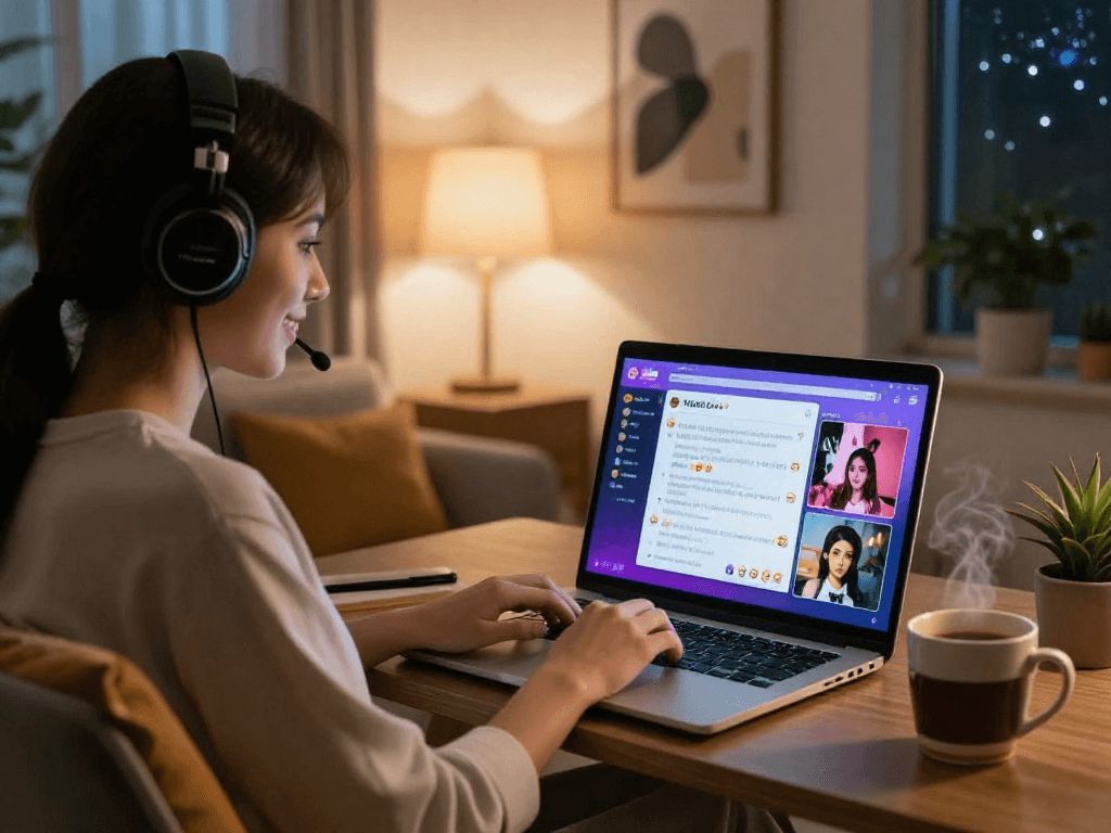 Engaging in a porn chat AI experience in a cozy home office environment, showcasing the virtual chat interface.
