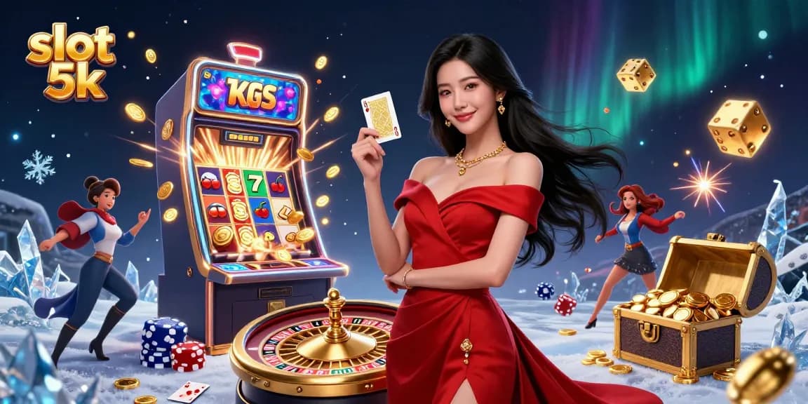 Experience the exciting slot 5k games with prizes bursting from a jackpot machine and vibrant casino atmosphere.