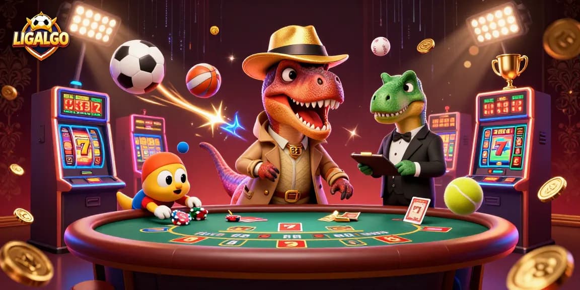 LIGALGO reveals a secretive velociraptor card counter amidst a vibrant casino scene.