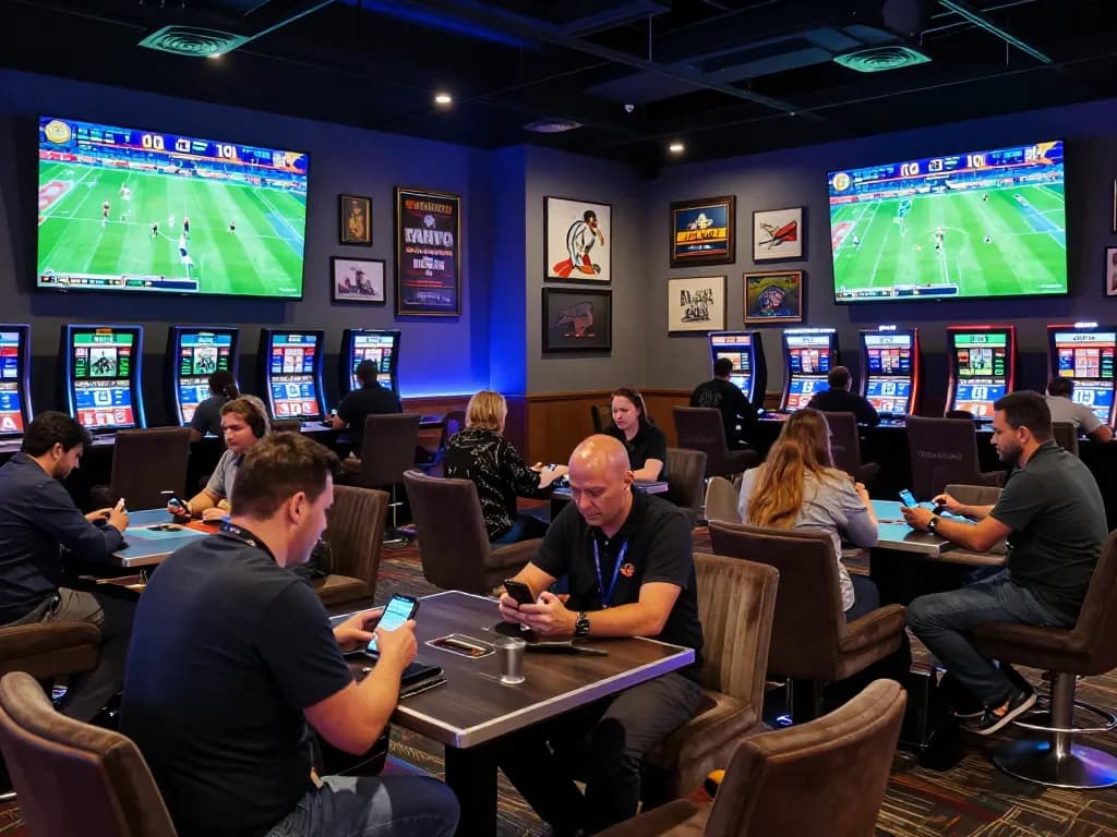 Betting professionals analyze odds at nhandinhkeonhacai sports lounge, preparing for game day.