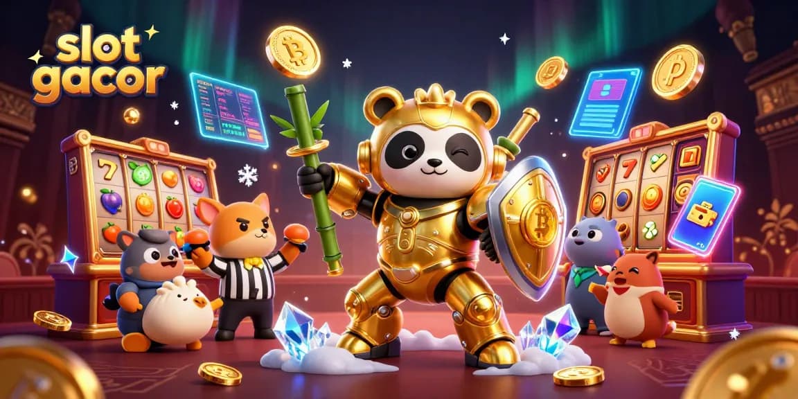 Engage in slot gacor adventures with a vibrant illustration featuring a panda robot amidst casino excitement.