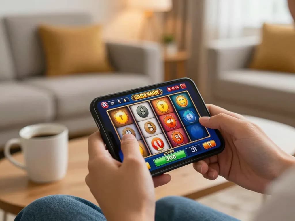 Engaging in online slot gacor hari ini gameplay on mobile, highlighting vibrant reels and casual home atmosphere.