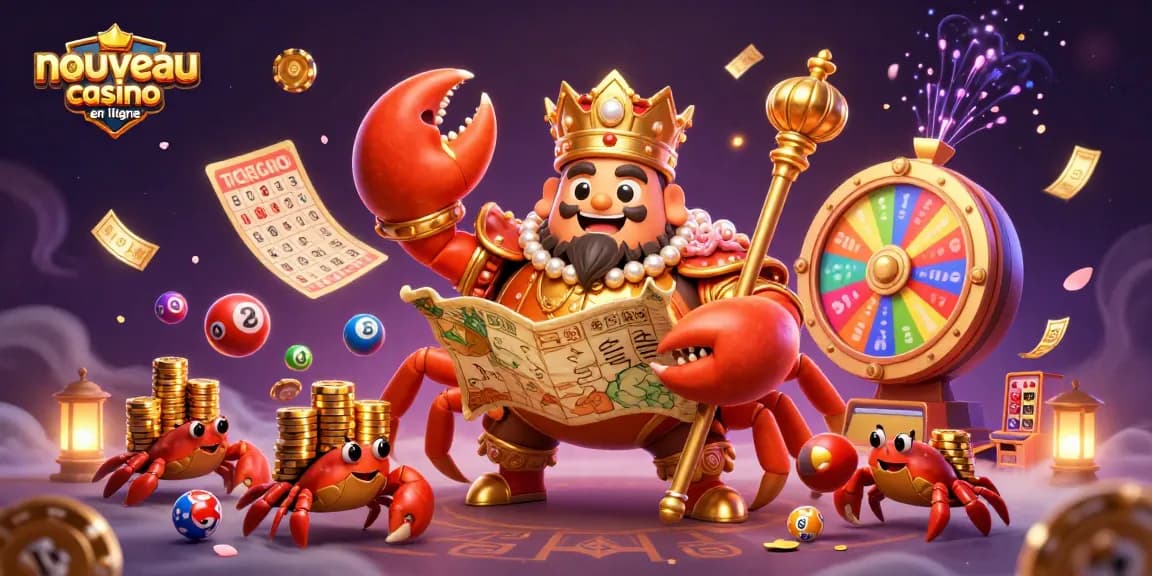 Visuel vibrant de "nouveau casino en ligne" mettant en scène un crabe empereur et des crabes serviteurs autour de jeux de loterie.