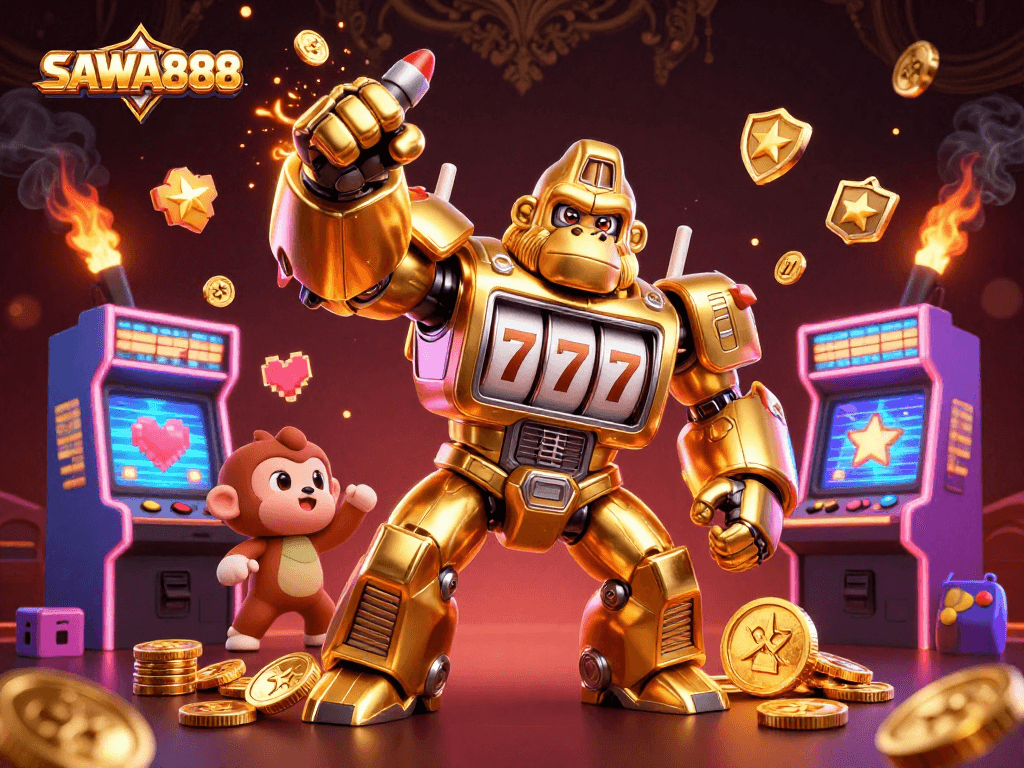 Experience the excitement with SAWA888’s golden gorilla mech as it charges through vibrant casino game elements!