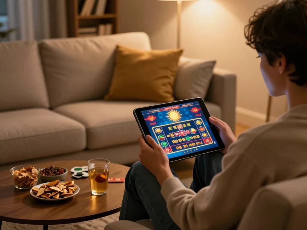Engaging in sun win online gaming from a cozy home setting, complete with snacks and strategy books.