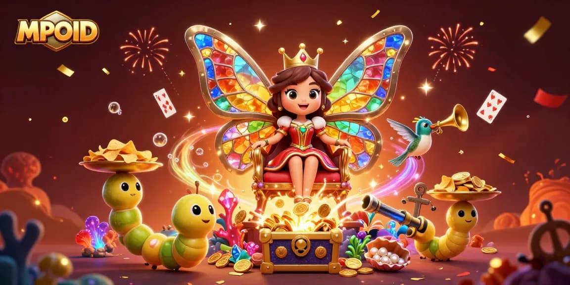MPOID offers a vibrant scene featuring a butterfly queen amid a colorful casino-themed backdrop, exuding excitement.