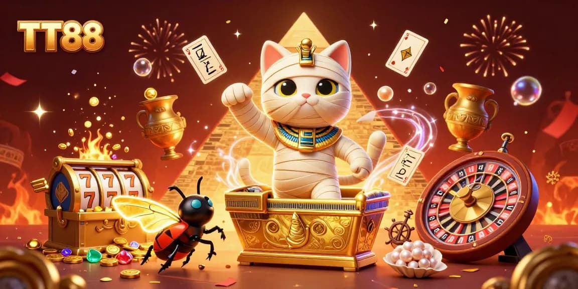 TT88 welcomes players with dynamic casino scene featuring a mummy cat, glowing scarab, and floating cards.