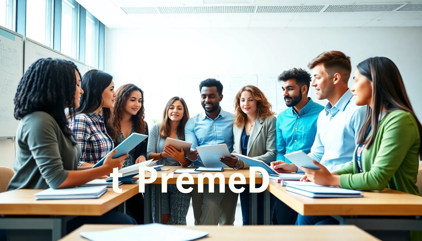 Students collaborate to start a premed club in a modern classroom.