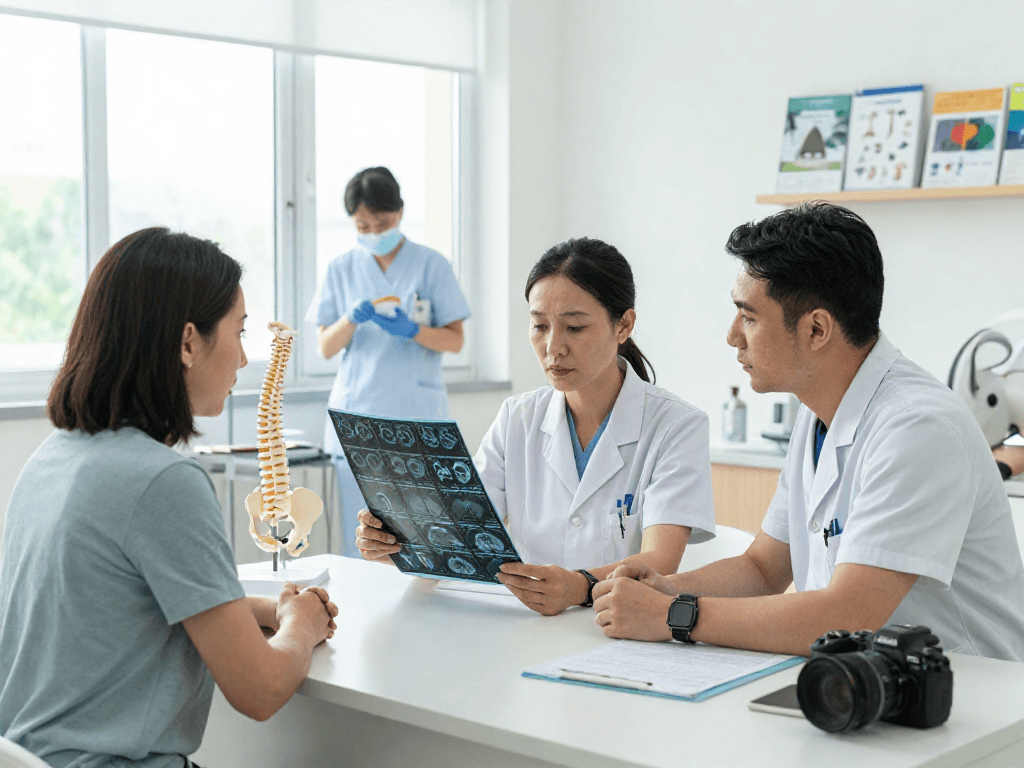 Consultation scene for Bel kayması ameliyatı with orthopedic surgeon and patient discussing treatment options.