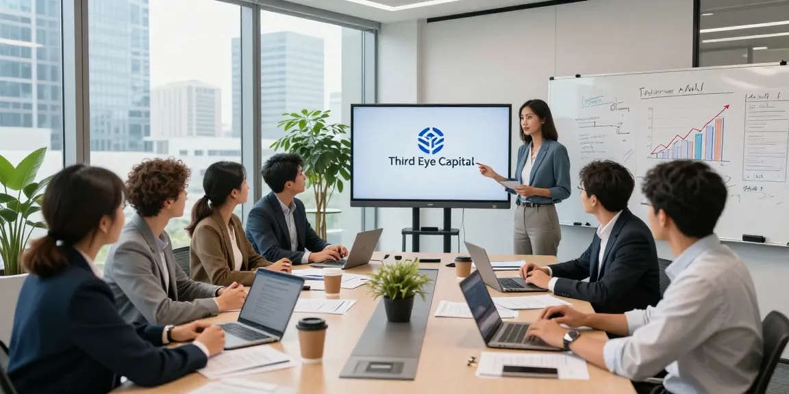 Team collaboration in a modern office discussing Third Eye Capital strategies during a financial meeting.