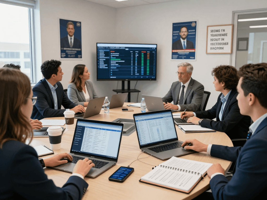 Team discussing campaign text message service strategies in a modern office.