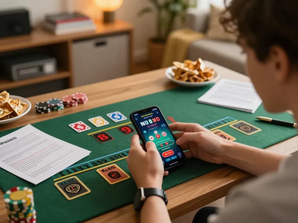 Engaging with the 789betgo app for live blackjack gameplay, showcasing strategy notes in a cozy home.
