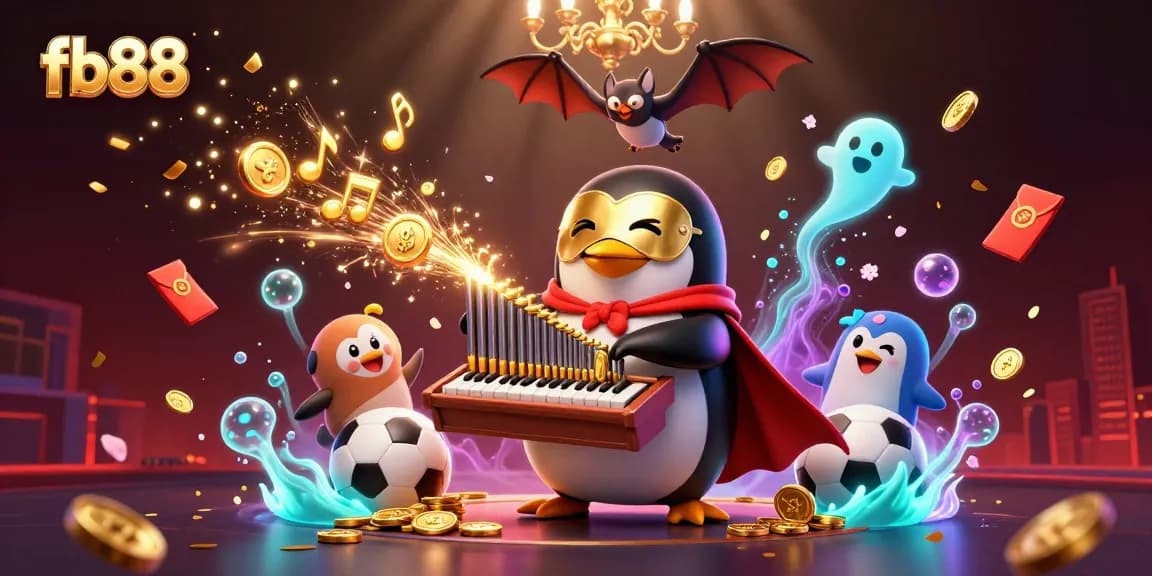 Experience thrilling sports betting with fb88 in a vibrant casino scene featuring a penguin and acrobats.