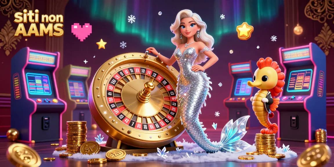 Interagisci con siti non AAMS che presentano una scena di casinò glamour con roulette, fiches ed elementi di arcade.
