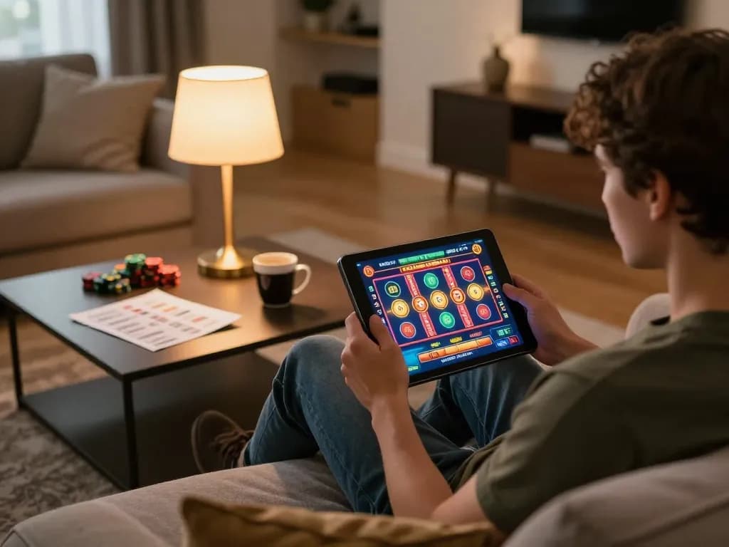 Player enjoying sun win slot games on a tablet in a cozy home setting with strategy notes visible