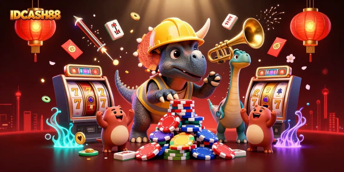 Experience thrilling gaming excitement with IDCASH88, featuring vibrant scenes of slot machines and cheering characters.