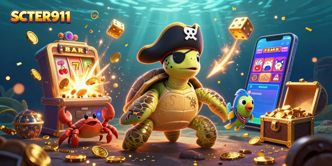 Engage with SCATTER911 as pirate characters soar above dynamic casino treats in this vibrant illustration.