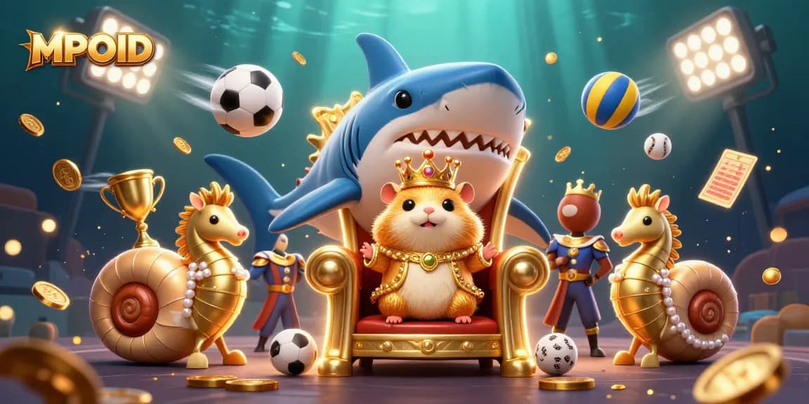 MPOID showcases a cheerful scene with a fierce golden hamster king and seahorse guards in a dynamic casino atmosphere.