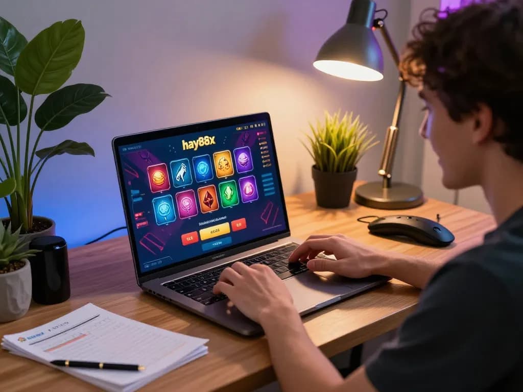 Engaging online gameplay with hay88x showcasing vibrant casino games in a stylish home office.