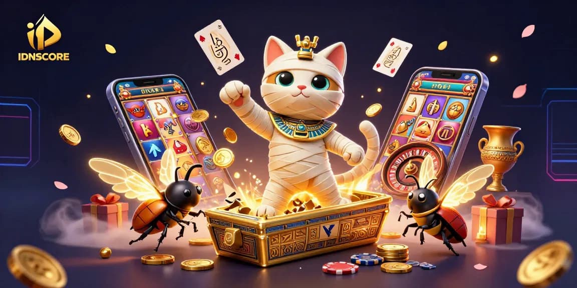 Experience exhilarating gameplay with IDNSCORE's dynamic casino scene featuring a vibrant mummy cat and colorful slot games.