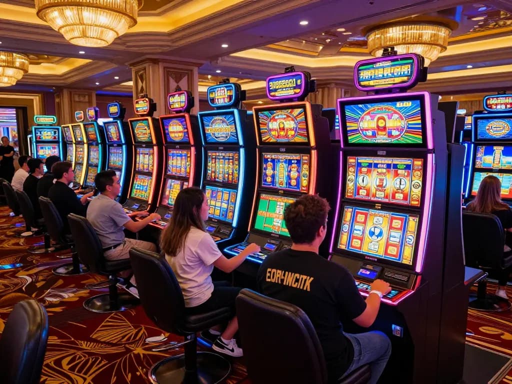 Players enjoying slot games at vibrant casino machines with bright neon lights.